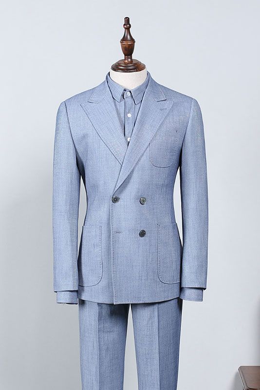 Baron Latest Sky Blue Plaid Peak Lapel Tailored Men’s Suit