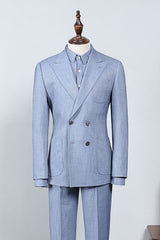 Baron Latest Sky Blue Plaid Peak Lapel Tailored Men’s Suit