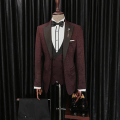 Barry Modern Burgundy Three-Piece Jacquard Peaked Lapel Men’s Wedding Suits