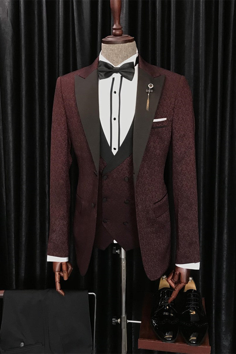 Barry Modern Burgundy Three-Piece Jacquard Peaked Lapel Men’s Wedding Suits