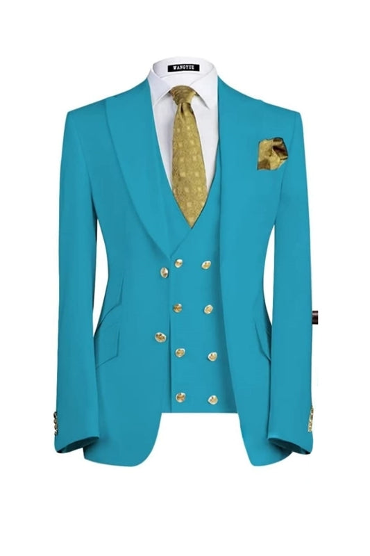 Bartholomew Deluxe Lake Blue Three-Piece Peaked Lapel Prom Suit For Men