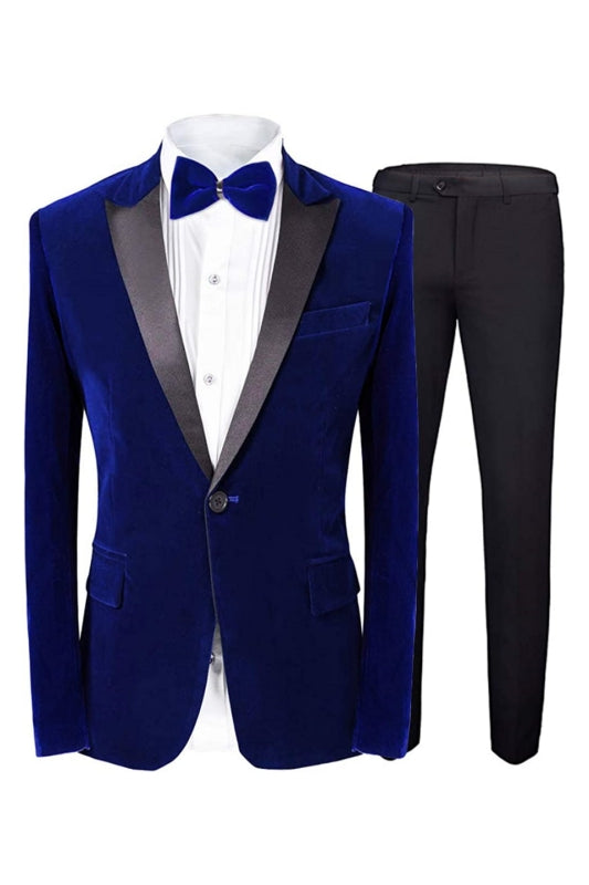 Basil Fashionable Royal Blue Peaked Lapel Two Piece Velvet Prom Attire For Men