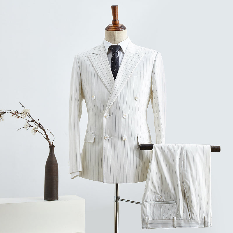 Basil Simple White Striped Double Breasted Slim Fit Custom Business Suit