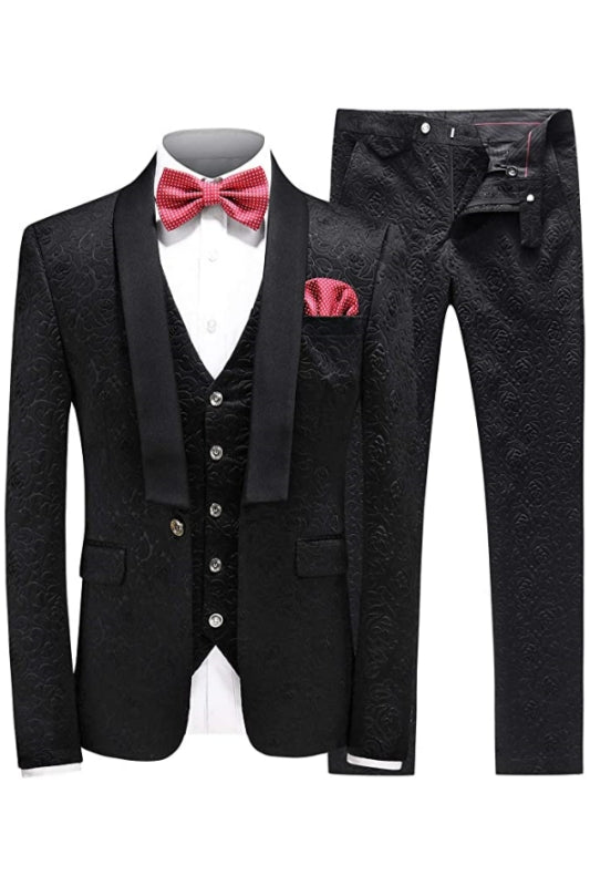 Beach Elegant Black Shawl Collar Three-Piece Jacquard Wedding Attire for Men