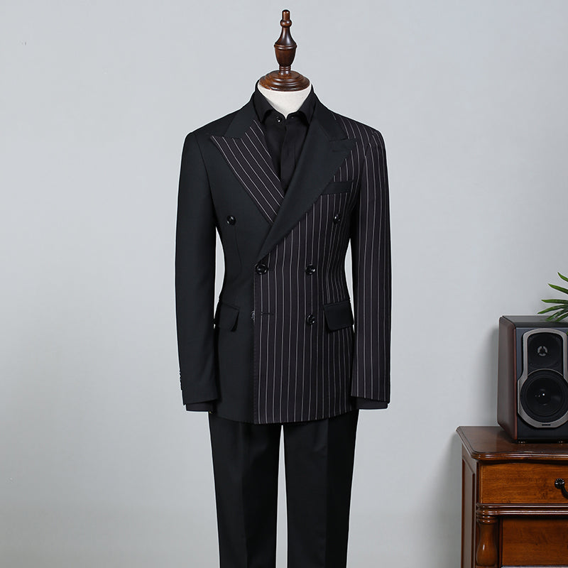 Beacher Formal Black Striped Peak Lapel Double Breasted Custom Business Suit