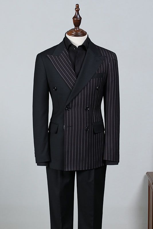 Beacher Formal Black Striped Peak Lapel Double Breasted Custom Business Suit