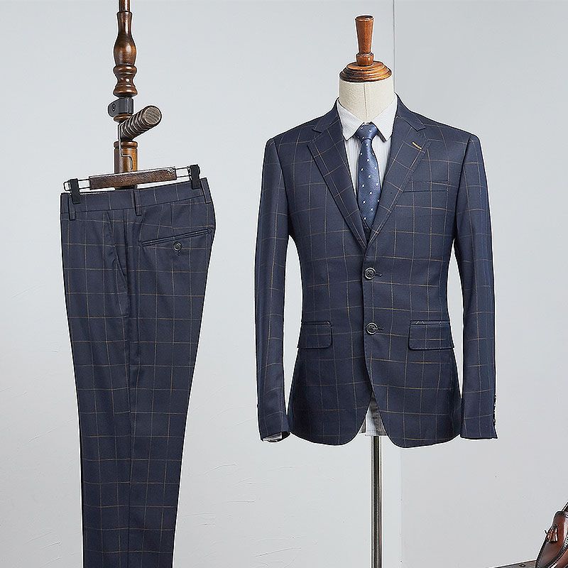 Beau Modern Navy Blue Plaid Two Pieces Slim Fit Business Suit