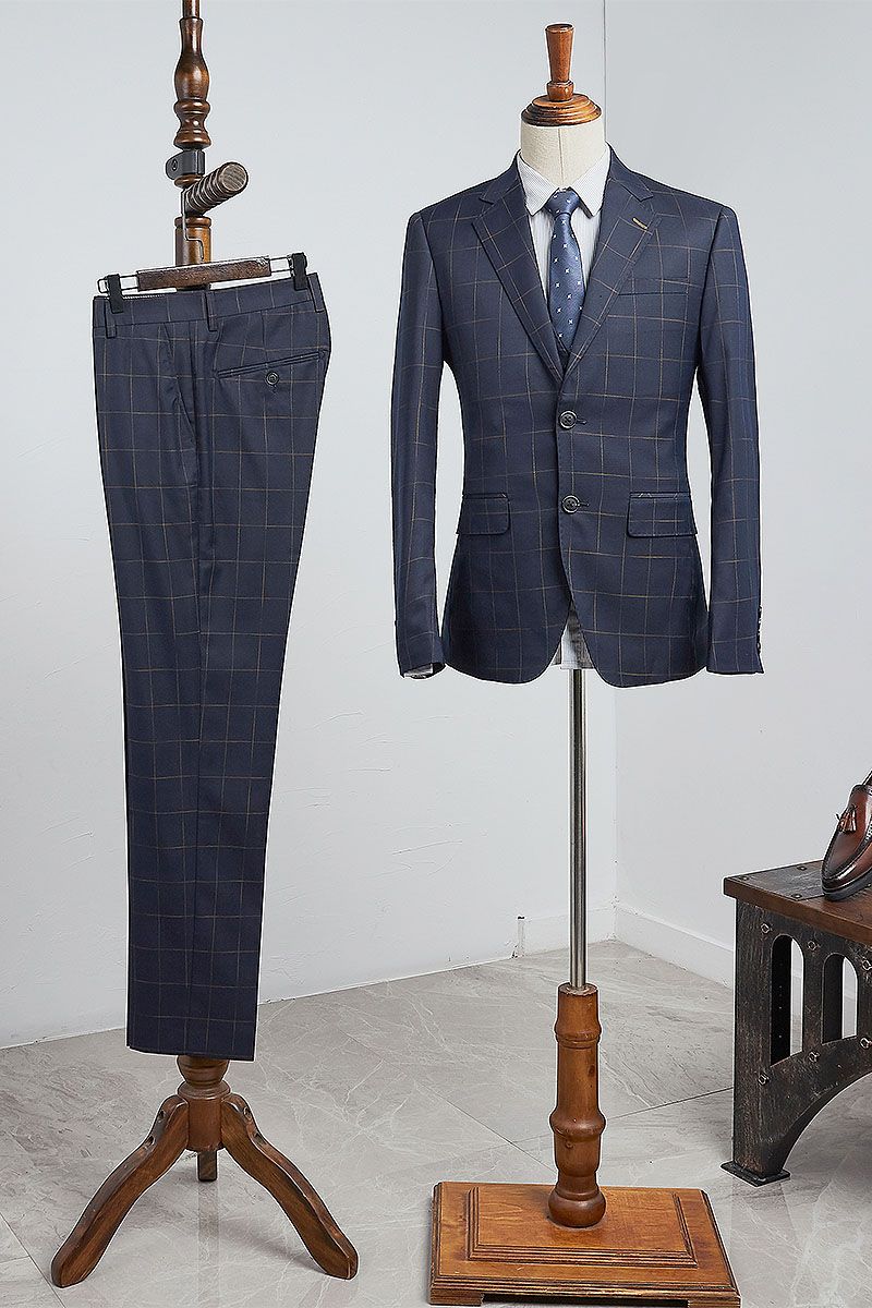 Beau Modern Navy Blue Plaid Two Pieces Slim Fit Business Suit