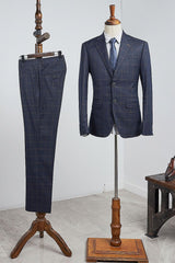 Beau Modern Navy Blue Plaid Two Pieces Slim Fit Business Suit