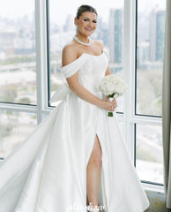 Beautiful A-Line Off-The-Shoulder Scoop Sleeveless Ruffles Satin Split Front White Wedding Dresses