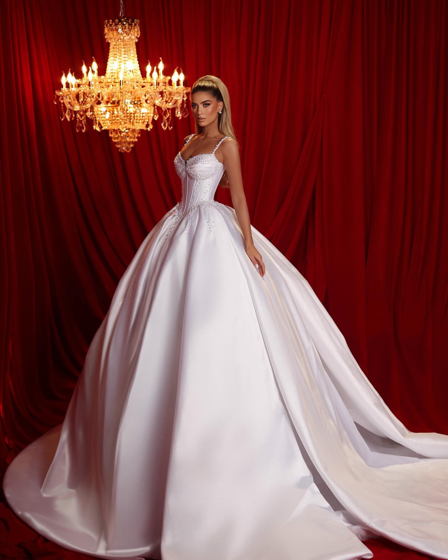 Beautiful A-line Spaghetti Straps Sleeveless Ruffles Satin Train White Long Wedding Dress