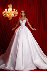 Beautiful A-line Spaghetti Straps Sleeveless Ruffles Satin Train White Long Wedding Dress