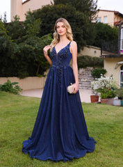 Beautiful A-line V-Neck Glitter Beadings Floor Length Dress with Appliques Navy