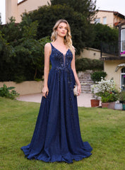 Beautiful A-line V-Neck Glitter Beadings Floor Length Dress with Appliques Navy