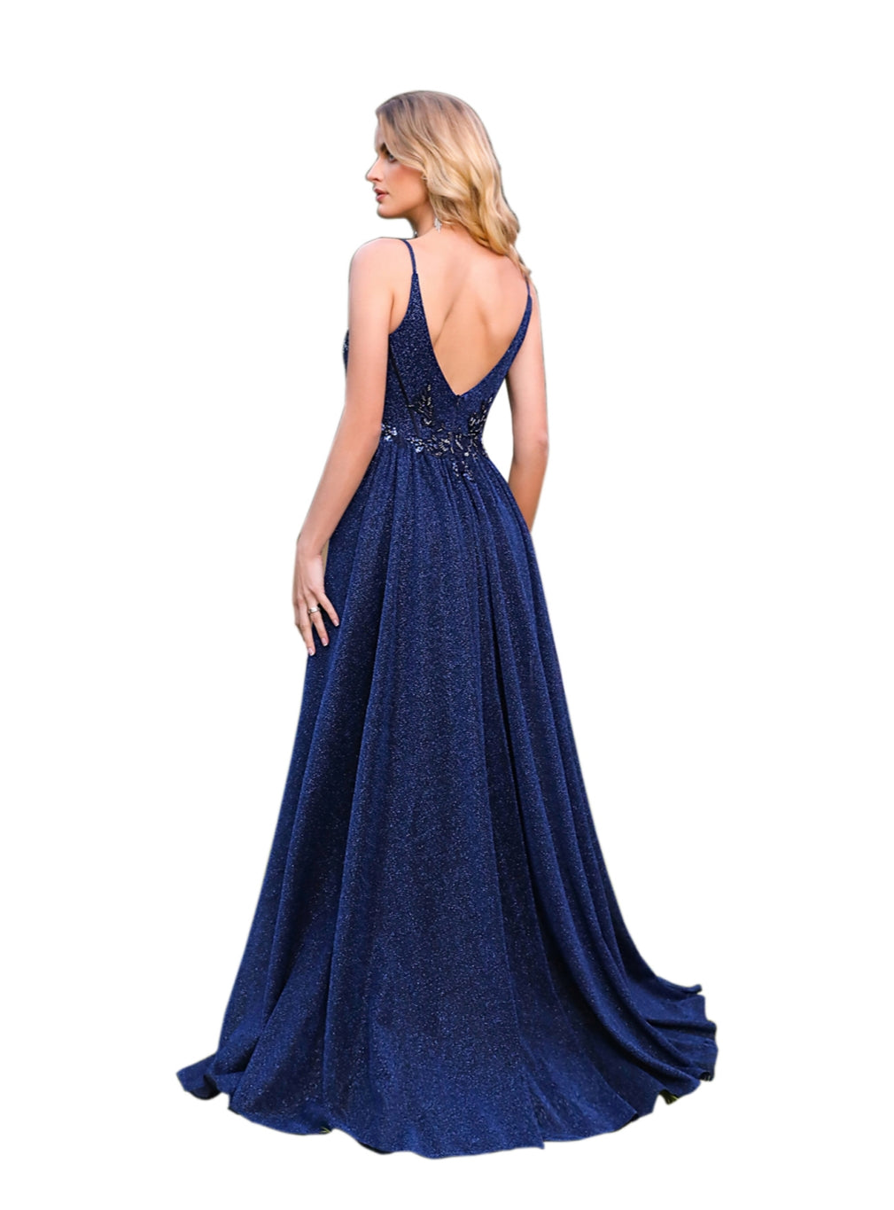 Beautiful A-line V-Neck Glitter Beadings Floor Length Dress with Appliques Navy