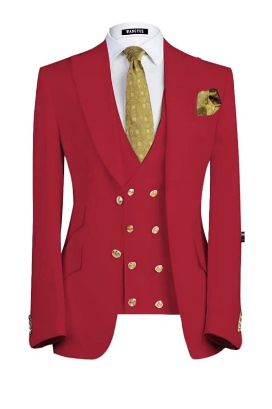 Beautiful Contemporary Red Three-Piece Peaked Lapel Prom Attire for Men