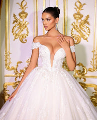 Beautiful Long A-line Off-the-shoulder V-neck Appliques Wedding Dress