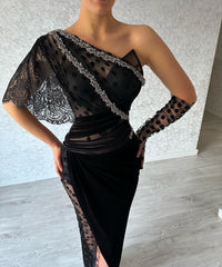 Beautiful Long Black Mermaid One Shoulder Lace Prom Dress With Slit