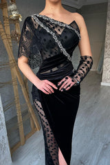 Beautiful Long Black Mermaid One Shoulder Lace Prom Dress With Slit