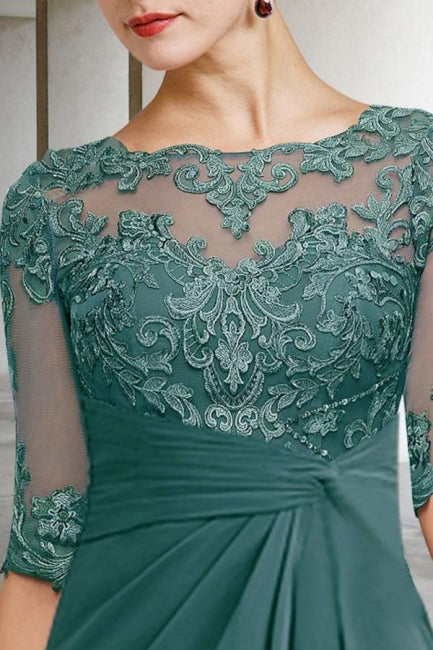 Beautiful Long Green A-line Lace Chiffon Mother of The Bride Dresses with Sleeves