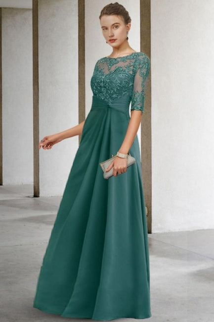 Beautiful Long Green A-line Lace Chiffon Mother of The Bride Dresses with Sleeves