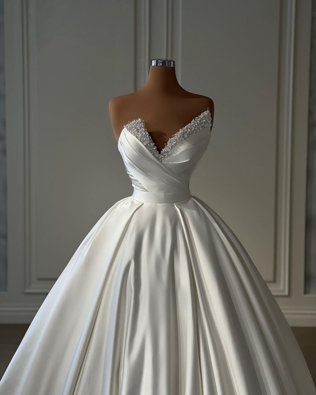 Beautiful Long Ivory A-line Satin Princess Wedding Dress With Pearls