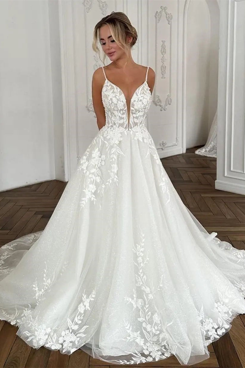 Beautiful Long Ivory A-line Spaghetti Straps V-neck Wedding Dress With Lace