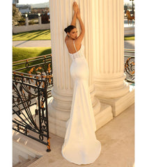 Beautiful Long Ivory Mermaid Spaghetti Straps Lace Satin Laced-up Wedding Dress