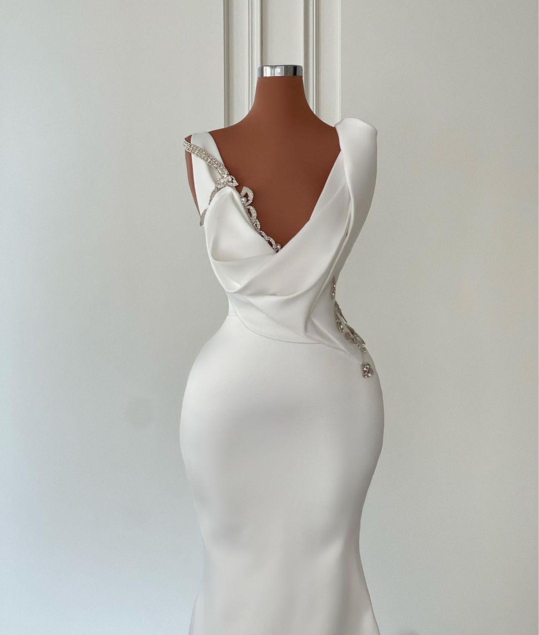 Beautiful Long Ivory Mermaid V-neck Satin Beading Sleeveless Wedding Dress