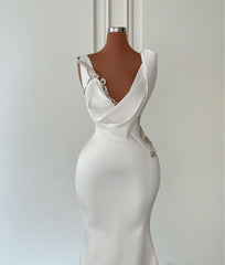 Beautiful Long Ivory Mermaid V-neck Satin Beading Sleeveless Wedding Dress