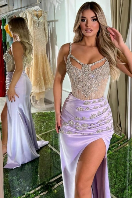 Beautiful Long Lilac Mermaid Sleeveless Jewel Prom Dress With Train