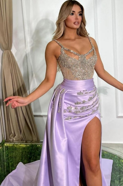 Beautiful Long Lilac Mermaid Sleeveless Jewel Prom Dress With Train