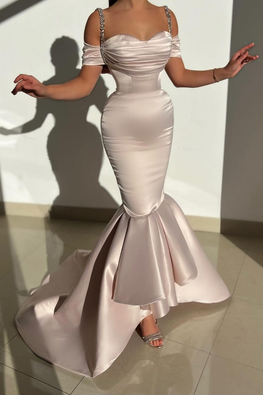 Beautiful Long Mermaid Off-the-shoulder Straps Satin Prom Dress With Train