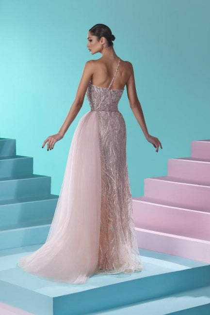 Beautiful Long Mermaid One Shoulder Lace Tulle Prom Dress with Slit