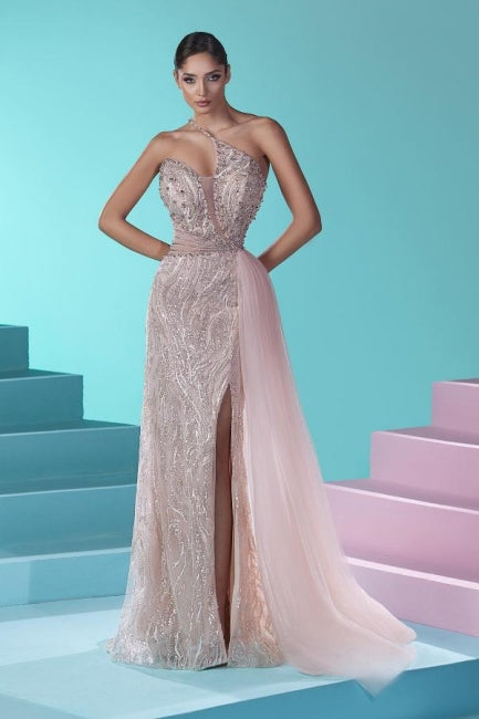 Beautiful Long Mermaid One Shoulder Lace Tulle Prom Dress with Slit