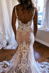 Beautiful Long Mermaid V-neck Sleeveless Lace Backless Wedding Dress with Train