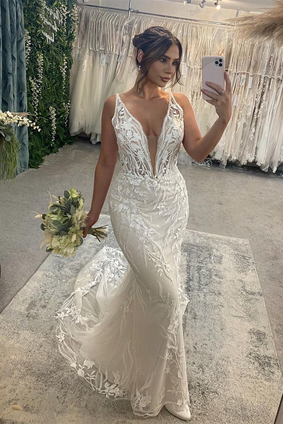 Beautiful Long Mermaid V-neck Sleeveless Lace Backless Wedding Dress