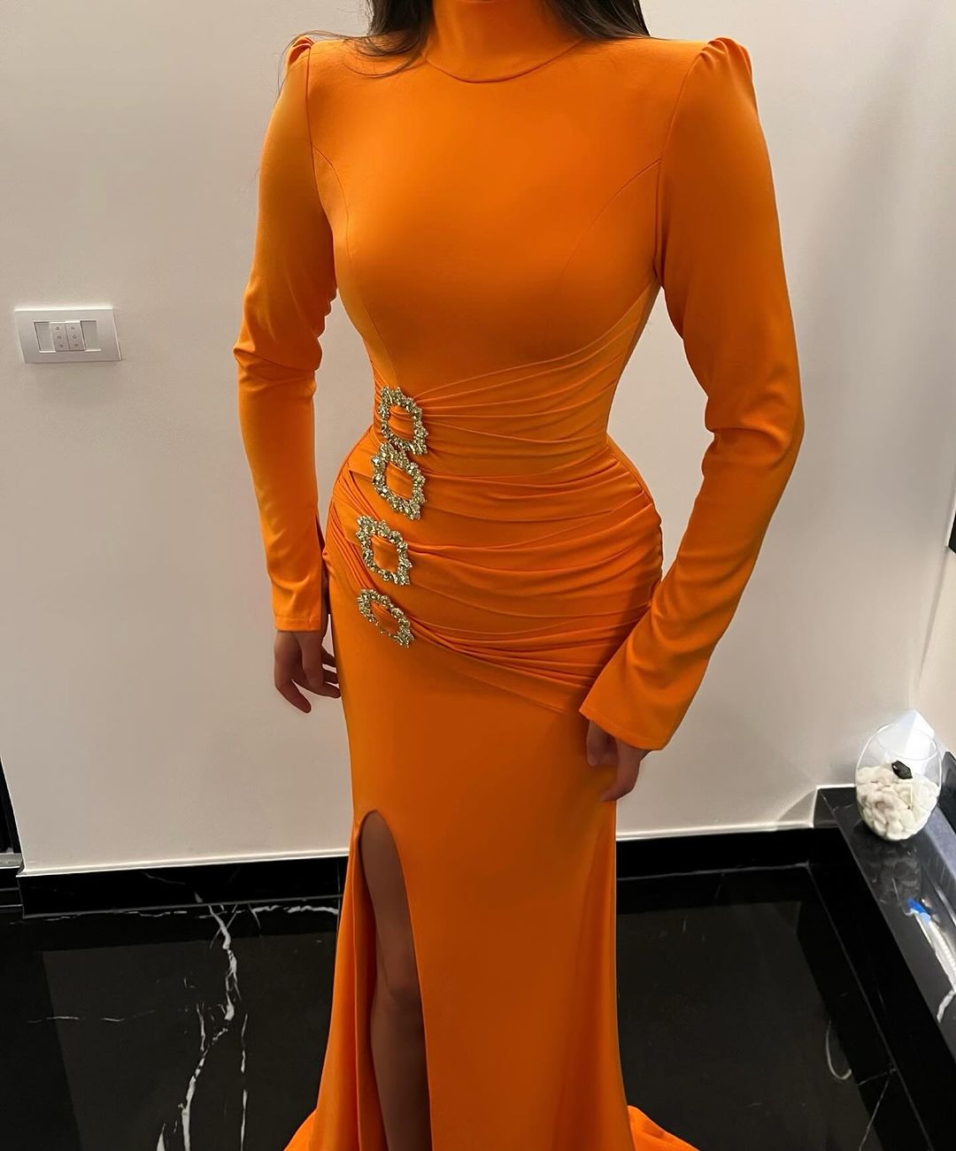 Beautiful Long Orange Mermaid High Neck Satin Long Sleeves Prom Dress With Slit