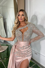 Beautiful Long Pink Mermaid One Shoulder Long Sleeve Glitter Prom Dress With Slit