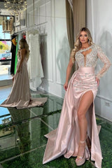 Beautiful Long Pink Mermaid One Shoulder Long Sleeve Glitter Prom Dress With Slit