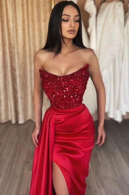 Beautiful Long Red Sequined Mermaid Satin Strapless Prom Dress with Slit