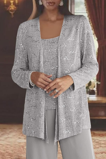 Beautiful Long Silver Sequined Lace Mother of the Bride with Jacket