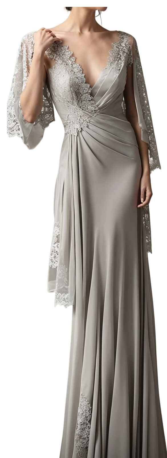 Beautiful Long Silver V-neck Mother of Bride Satin Bridesmaid Dress With Lace