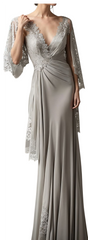 Beautiful Long Silver V-neck Mother of Bride Satin Bridesmaid Dress With Lace