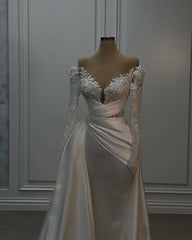 Beautiful Long White A-line Lace Satin Wedding Dress With Long Sleeves