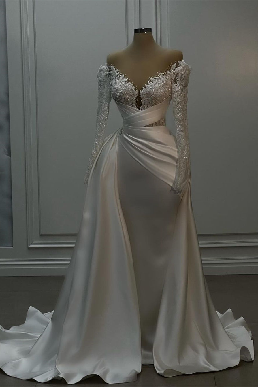 Beautiful Long White A-line Lace Satin Wedding Dress With Long Sleeves