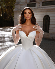 Beautiful Long White A-line Satin Sleeveless Ball Gown Wedding Dress