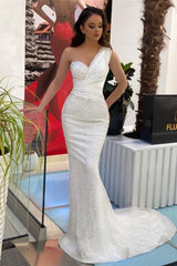 Beautiful Long White One Shoulder Sleeveless Mermaid Evening Dresses With Glitter-misshow.com