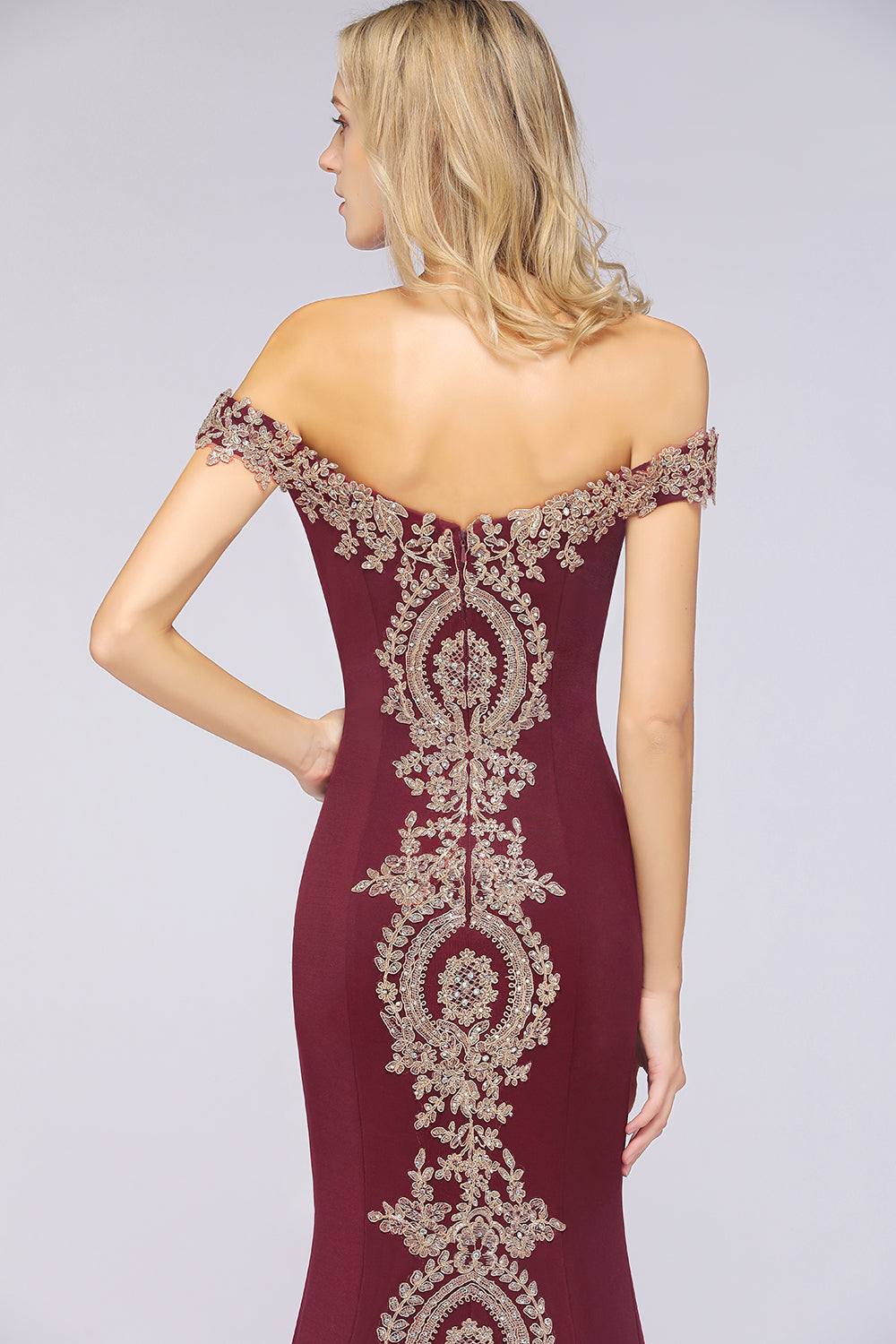 Beautiful Off-the-shoulder Floor-Length Dress with Lace Appliques