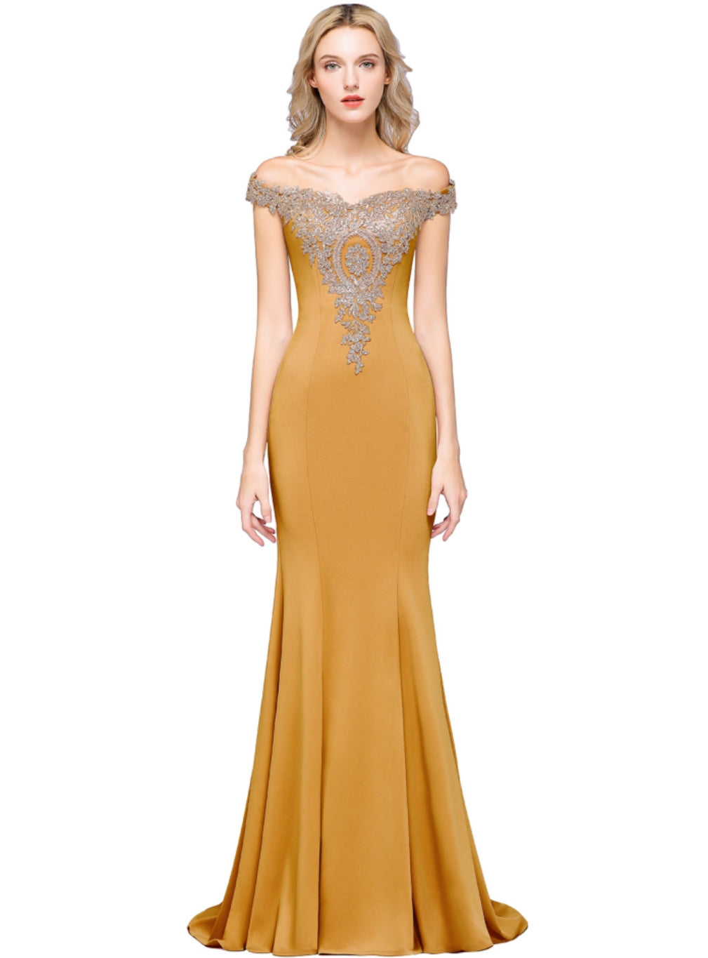 Beautiful Off-the-shoulder Floor-Length Dress with Lace Appliques